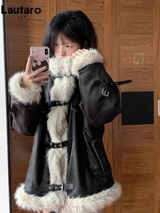 Женские куртки Lautaro, осенне-зимняя крутая объемная толстая теплая мягкая искусственная дубленка, женская с меховой отделкой, свободная шикарная пушистая куртка 2023 231122