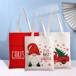 Förvaringspåsar Santa Claus Print Tote Shoulder Bag For Women Shopping Återanvändbar jul snögubbe stor reseskolan strand