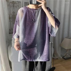 Men's T Shirts Mesh Shirt For Men Korean Fashion Loose O Neck Short-Sleeved Tops Ropa Hombre Summer Harajuku Casual Gradient Color Camisetas