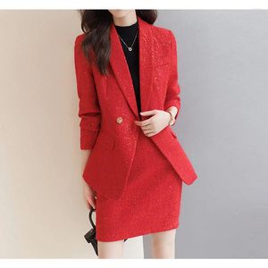 Two Piece Dress Tesco Women Suit 2 Blazer And Skirt Shawl Lapels Coat Pencil Red Sets For Year Wear Slim Chic Ropa De Mujer