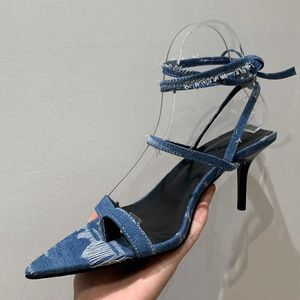 Elbise ayakkabılar stiletto topuklu denim bayanlar ayakkabı 2023 yeni kadın moda çapraz bağlı sivri uçlu ayak parmağı kadın pompalar sandalet yüksek topuklu ayakkabılar