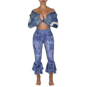 Jeans Damen Nur Hosen Damen Herbst Rüschen Saum Faux Active Wear Flare Knöchellänge Denim Sommerhose Leggings Großhandel Markendesigner