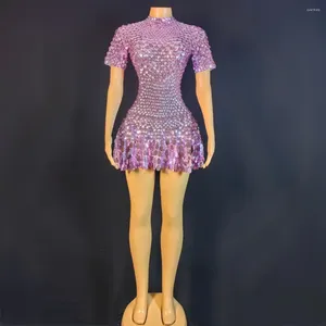 Stage Wear Shining Purple Round Sequins Waist Design Zipper Short Party Evening Dress Modern Nightclub Gogo Female Song DjDs Guest Sexy Adu