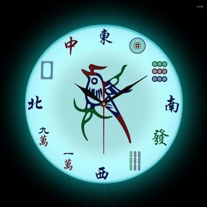 Wall Clocks Thirteen Orphans Mahjong Print Clock With LED Backlit Playroom Decor Mah-jong Touhaiden Card Sign Night Light