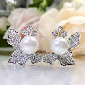 Flower Pearl Diamond Stud Colding 100% prawdziwy szterling Sier Obiecing Wedding Kolczyki dla kobiet Party Bridal Prezent Biżuterii