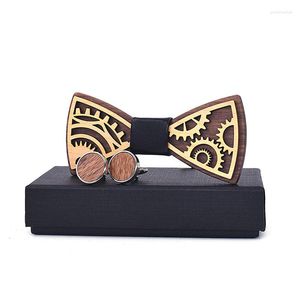 Bow Ties 2023 Men Machine Gear Engrave Carved Wedding Business Party Slitte Chic Bowtie Novely Groom Wood Cufflink Neck Tie Box Set