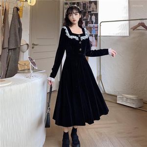Vestidos casuais vestido de veludo preto para mulheres y2k renda elegante aniversário de aniversário midi coreana manga longa roupas vintage