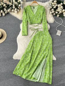 İki parçalı elbise tekre kadın şifon tatil bohemian iki parça takım elbise yaz dantel üst bölünmüş uzun etek setleri y2k çiçek baskısı plaj setleri 230422