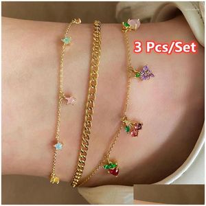 アンクレットanklets 3 PCS/セット女性ファッションアップルチェリーグレープフルーツスイートゴールドチェーンセットジュエリードロップ配達ジュエリーDHR9B