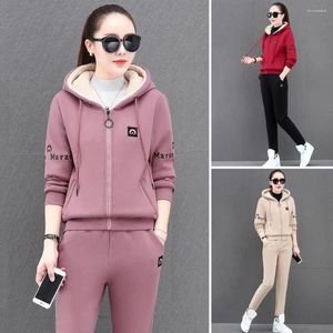 Women's Two Piece Pants 2 Pcs/Set Winter Fall Women Coat Suit Letter Embroidery Hooded Drawstring Tracksuit Thick Plush Long Sleeve Sports