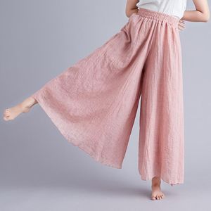 女性用パンツカプリ芸術的若者コットンとリネンワイドレッグエラスティックウエストソリッドカラーエスニックスタイルビッグスイングハカマ女性ボトム