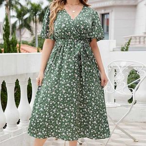 Xxxxl Desenvolvido Vestidos casuais de verão com decote em V verde floral plus size vestido longo