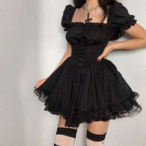Lolita Black Goth Aesthetic Puff Sleeve High Waist Vintage Bandage Lace Trim Party Gothic Clothes Summer Dress Woman