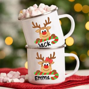 Muggar Personslektor Deer Christmas Emalj Cups Anpassade namn Cocoa Chocolate Sibling Mug Drink Jiuce Handle Mugs Xmas Gifts To Child 231121