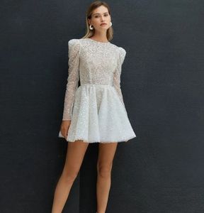Shimmer Short Sequins Dress 2024 O-Neck Long Rleeves Glitter Women Evening Formal Birthday Suknie szacie de soiree