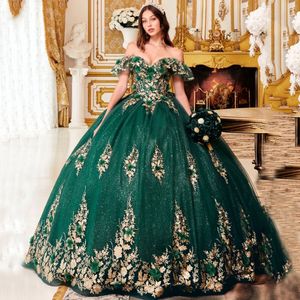 Süße Blume mit goldenen Applikationen Quinceanera-Kleider, schulterfrei, Tiere, süßes 15-Kleid, glitzerndes Ballkleid, Mädchen-Geburtstagsparty-Kleid