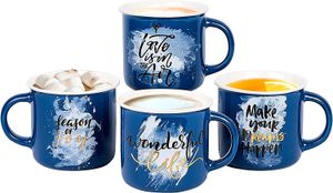 Set di 4 tazze di smalto in ceramica, migliore idea regalo, tazze da caffè ispiratrice set di colori blu con citazioni motivazionali set di tazze da caffè/tè 13 once, VA