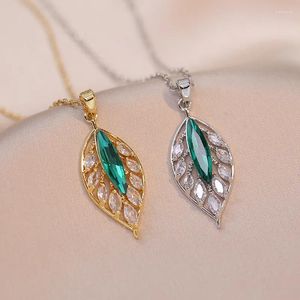 Pendant Necklaces Charm Plant Tree Leaf Clavicle For Women Stainless Steel Green Stone Water Drop Zircon Wedding Party Jewelry