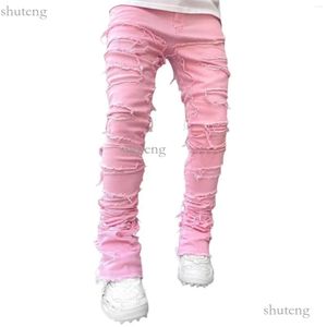 Stack Jeans Men's Purple Jeans Regular Fit Stacked Patch Distressed Destroyed Straight Denim Pants Streetwear Clothes Stretch Patch Denim 233