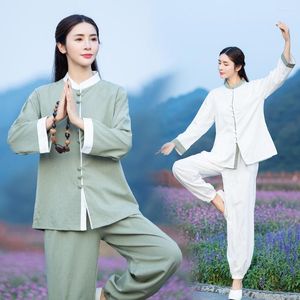 Conjuntos ativos de estilo chinês feminino yoga tai chi artes marciais traje linho de algodão camisa solta calça meditação kungfu conjunto atlético casual