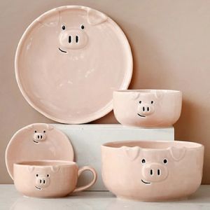 Dishes Plates European Creative Cute Pink Pig Tableware Dishes Home Ceramic Plate Breakfast Nordic Wind Irregular Matte Plate Kitchen Utensils 231121