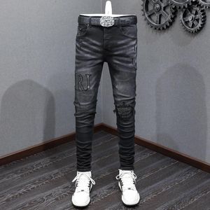 Jeans masculinos rua moda homens retro preto cinza elástico estiramento skinny fit rasgado beading remendo designer hip hop marca calças