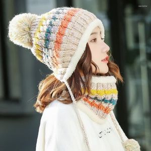 Beanies Beanie/Kafatası Kapakları Kış bayanlar Beanie kadınlar kalınlaşmış sıcaklık sevimli kürk top kafatası kapağı örme iki parçalı açık sürüş