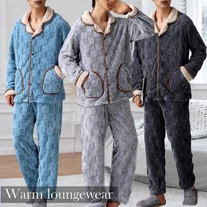 Men's Sleepwear Men Winter Thickened Coral Fleece Pajamas Trousers Long Sleeve Plaid Jacquard Cardigan 2PCS Set Warm Leisure Flannel Nightwear 231122