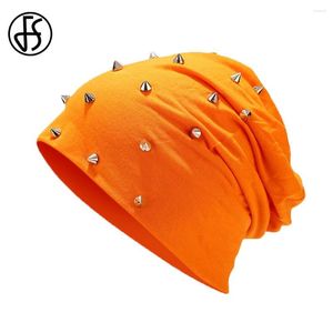 Berets FS 2023 Knitted Winter Beanie Hat For Women Men Green Orange Streetwear Hip Hop Caps With Rivet Warm Outdoor Sport Ski Cap