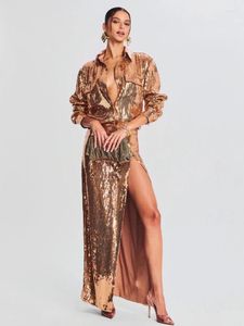 Work Dresses Women Elegant High Quality Sequins Gold Long Sleeve Top Side Slit Skirts Suits Two Piece Set Evening Cocktail Party