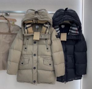 Designer Parker Damen-Daunenjacke, klassischer Taillenbund, Wintermantel, karierter Kragen, Kapuze, mittellange Baumwolljacke, warmer Damen-Windbreaker