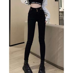 Designer dżinsów Early Spring Nowy klasyczny Arc de Triomphe Metal podwójny guzik talia elastyczna Slim Fit Black Denim Penci Pants Kobiety