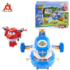 Экшн -фигуры Super Wings S4 Air Moving Base с Lights Sound World Playset включает в себя Jett Transforming Bots Toys for Kids Gift 230422
