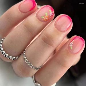 False Nails 24Pcs Short Round Head With Flower Design Detachable Korean French Press On Tips Fake Acrylic Stick