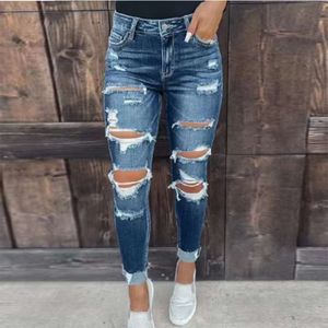 Damenmode Women Inside Splicing Checked Fabric Jeans Vintage Broken Holes Bleistifthose Casual Commuter Hip-Lifting Großhandel