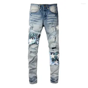 Herrenjeans Distressed Light Indigo Bedruckte Patches Skinny Stretch Streetwear Style Leder Sterne Patchwork Ripped