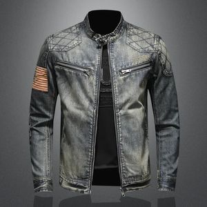 Herrjackor män denim jacka mode casual klassisk personlighetsstativ krage dragkedja amerikansk flaggmönster smal motorcykel topp män 231121