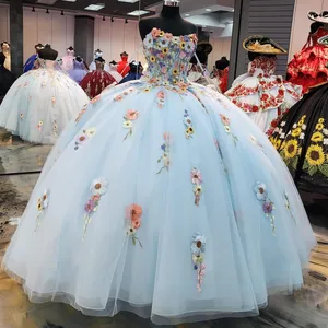 Açık mavi quincenara elbiseler aplike çiçekler vestidos de quinceanera 2024 kız tatlı 16 balo elbiseleri