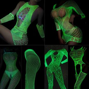 12 Styles Glow in the Dark Fishnet Bodysuit Women Sexy Open Crotch Bodystockings Hot Pole Dacne Party Club Luminous Sex Clothes
