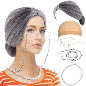 Eyeglasses chains Old Lady Costume Set-Grandmother Wihte Grey Wig Wig Caps Madea Granny Glasses Eyeglass Retainer Chain Pearl Necklace 231121