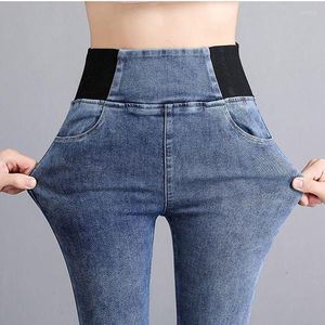 Kvinnors jeans vintage hög midja mager denim blyertsbyxor stor storlek avslappnad stretch kvinnlig elastisk wais street slitage byxor