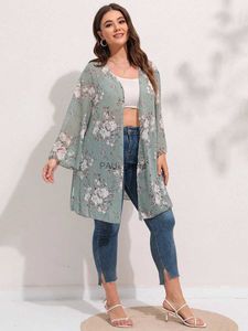 Women's Trench Coats Finjani Plus Size Chiffon Kimono Floral Print Batwing Sleeve Cardigan For Women Fashion And Elegant Women's Smock WindbreakerL231122