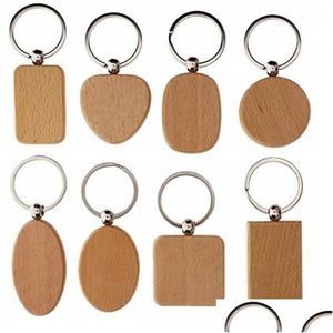 Keychains Lanyards Keychains Blank Round Rec Heart Wood Key Chain DIY Anpassade trä Keyrings -taggar gåvor Tillbehör Partihandel1 D DHXRD