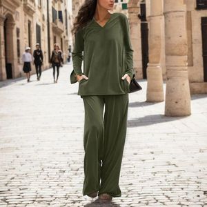 Women's Two Piece Pants Pant Sets For Women 2 Pieces Solid V Neck Long Sleeve Top Wide Leg Set Pinstripe Pantsuit Outfit