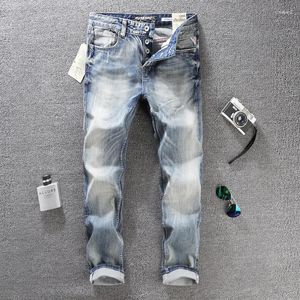 Men's Jeans Fashion Designer Men High Quality Retro Light Blue Elastic Slim Ripped Plain Button Trousers Vintage Denim Pants