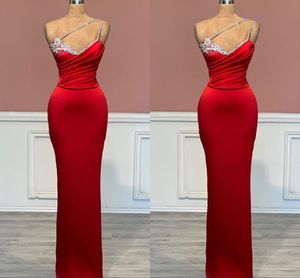 Red Sheath Evening Dresses For Women Dubai Arabic One Shoulder Beaded Floor Length Satin Formal Special Occasion Pageant Birthday Party Prom Gowns
