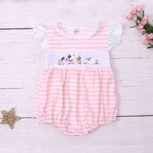 Rompers född plats Romper Babi Girls Clothes Animal Embroidery Bodysuit Pink Lace Outfit Sleeve Stripes Shorts 03t Jumpsuit 230421