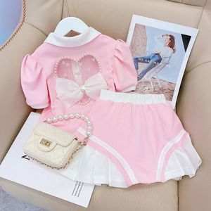 衣料品セット小売女の女の子韓国夏のピンクセットポロTシャツスクリットファッションスーツガール2-8 T 230422