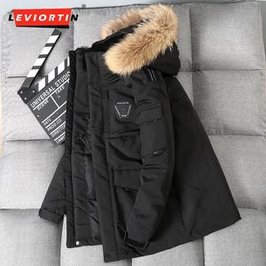 Piumino da uomo in pelle sintetica in ecopelle moda cargo da uomo bianco con collo in pelliccia -30 gradi uomo casual impermeabile piumino invernale addensato caldo parka cappotti 231122