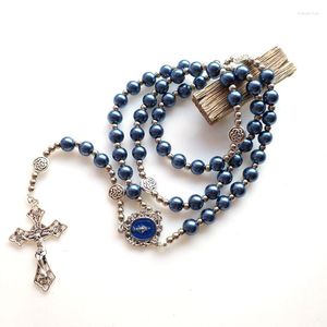 Collane con ciondolo Diyalo Crocifisso Croce di Gesù Collana Vergine Maria Retro Vetro blu Perle finte Gioielli cattolici con perline
